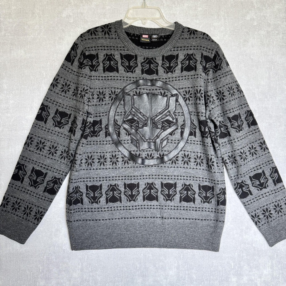 Marvel Black Panther Sweater Mens Large Gray Knit Crewneck Pullover Fair Isle